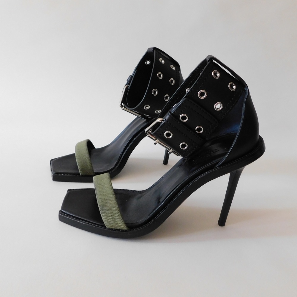 black & green buckle strap stiletto heels